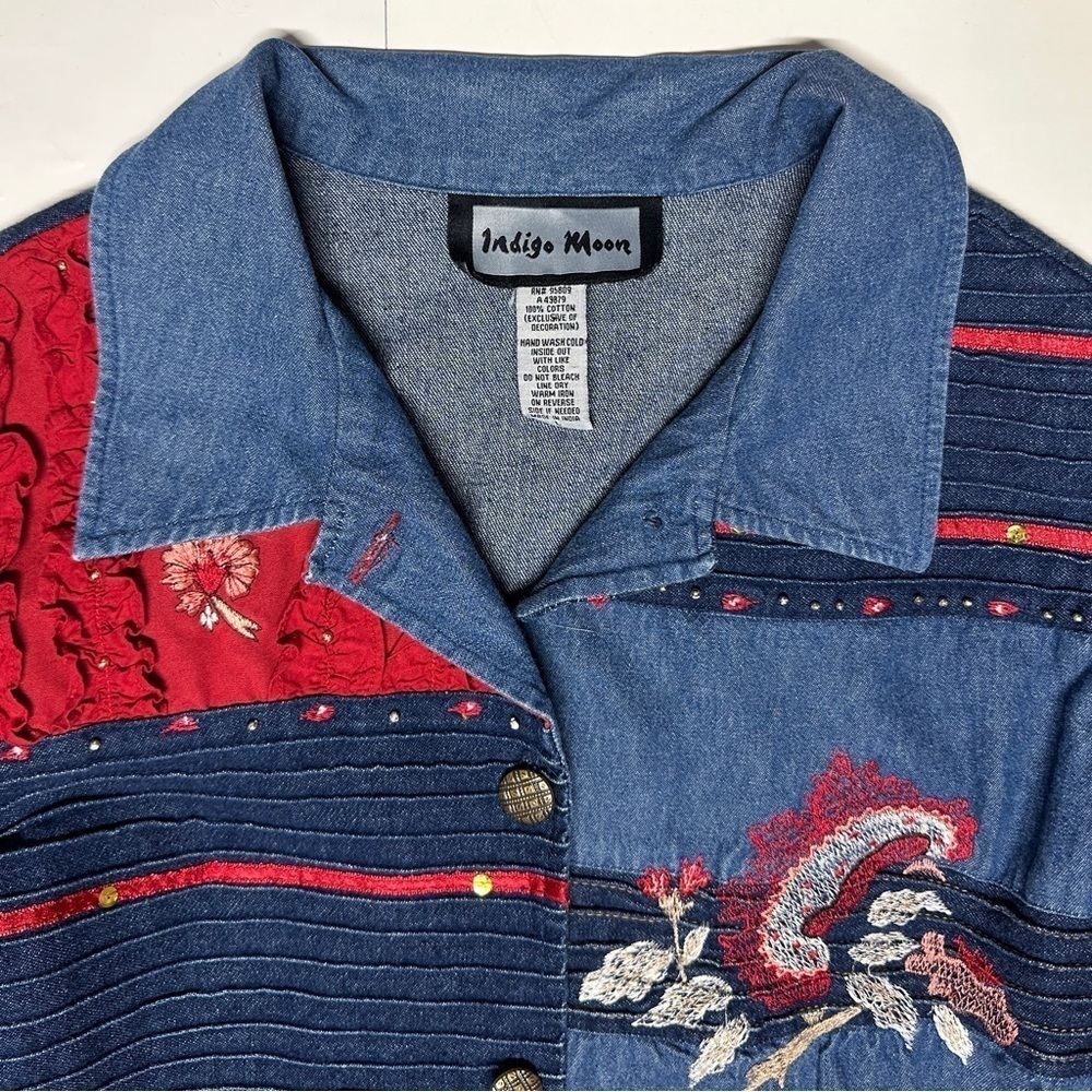 Indigo Moon Large Denim Jacket Patchwork Beaded F… - image 4